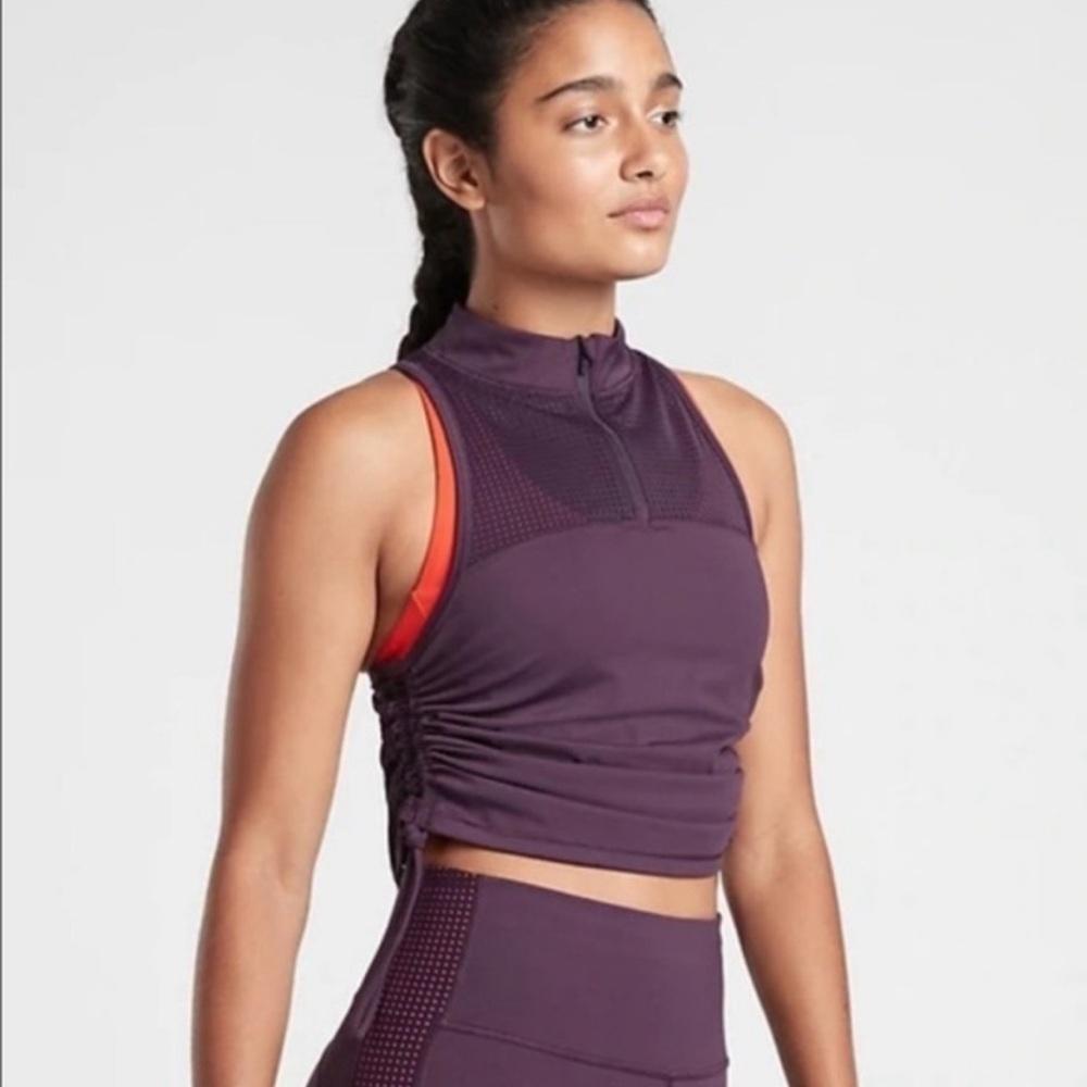 Athleta HIIT It Tank Agate Purple Ruched Crop Top XS | Chic Sporty Aesthetic